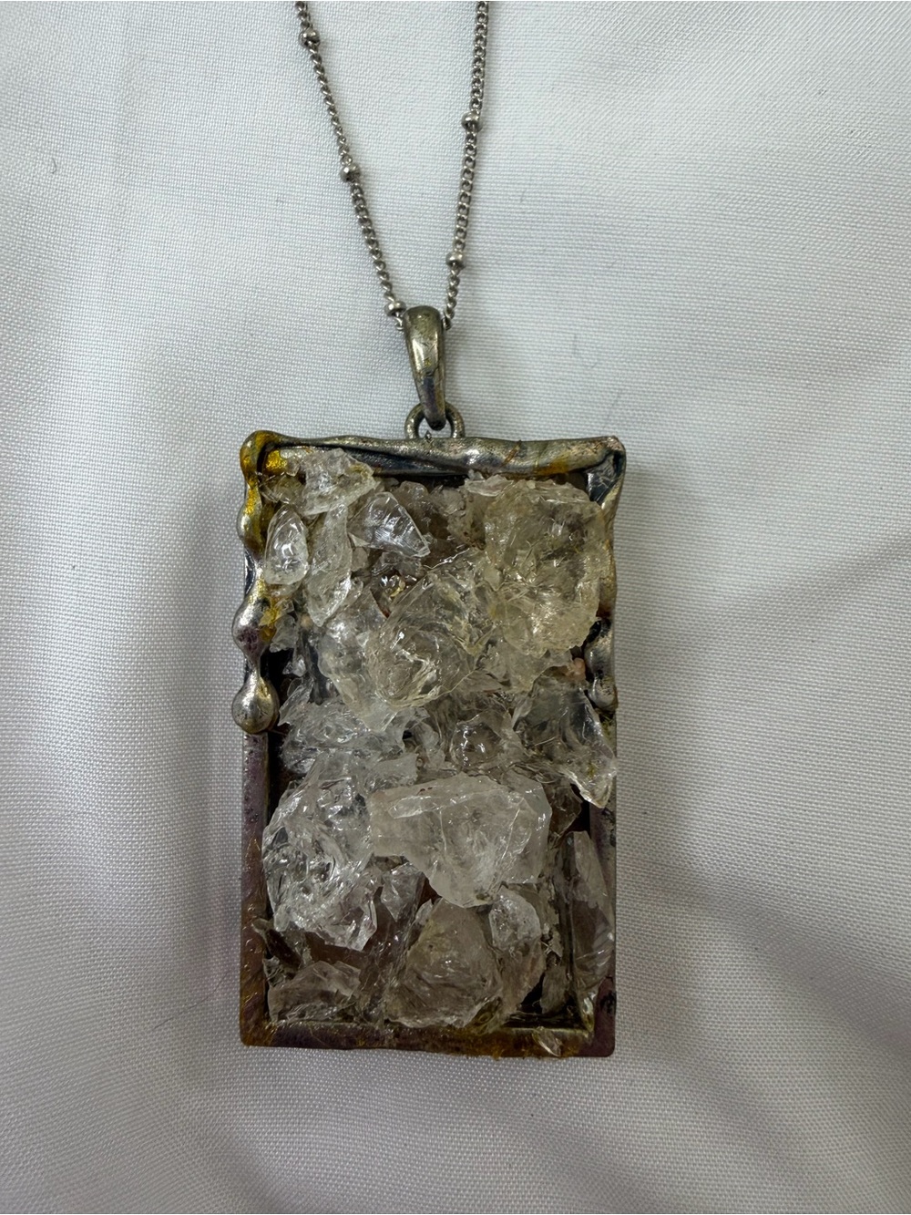 Crystal Cluster Rectangle Pendant Necklace - Silver Tone